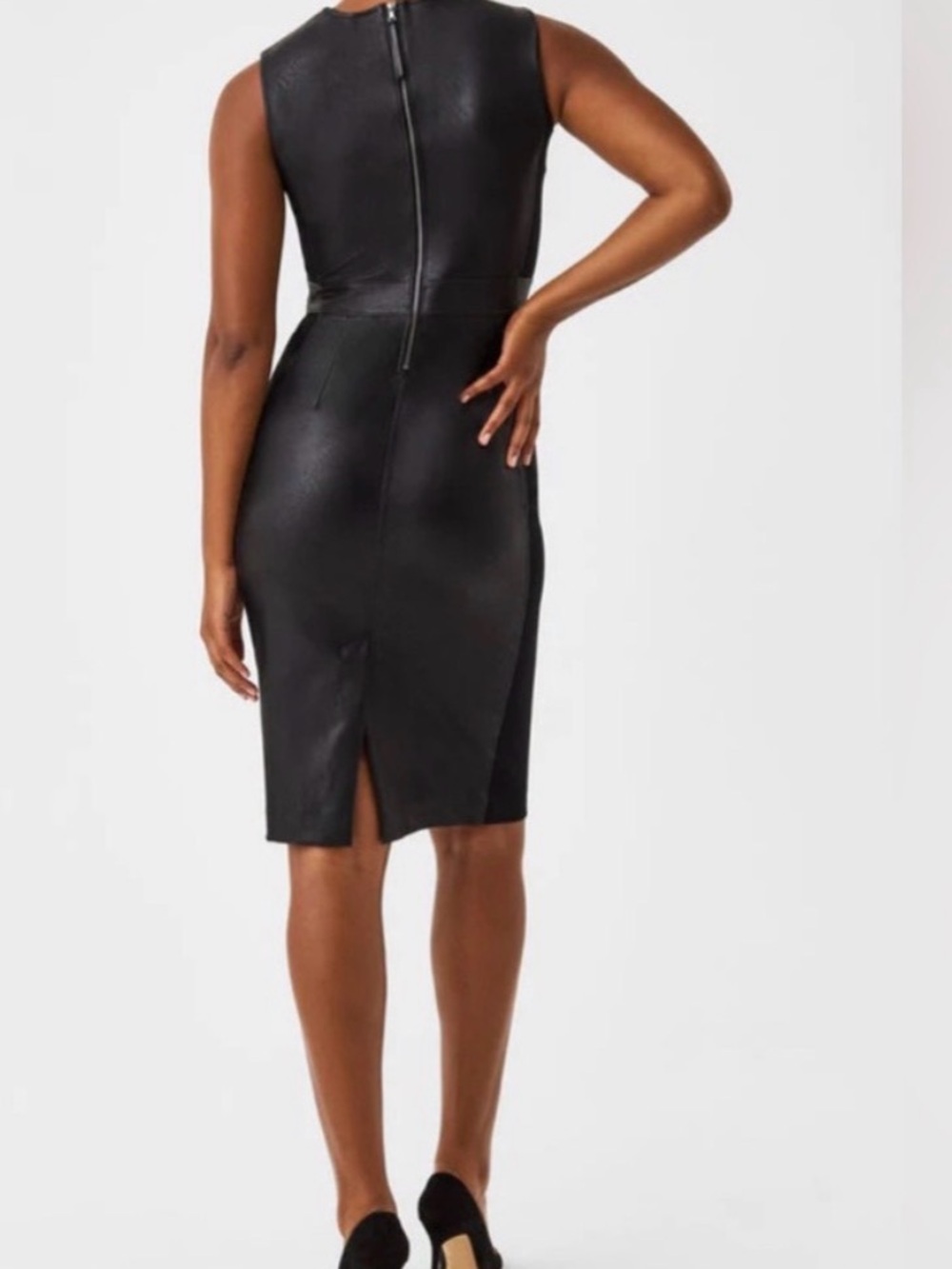 SPANX Black Faux Leather Paneled Midi Sheath Dress NWT Large - Picture 4 of 16